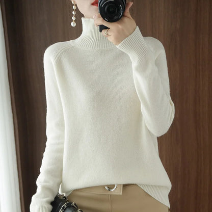 Fashion Basic Autumn Winter  Merino Wool Sweater Mock Neck Cashmere Pullover  Solid Color Soft Long Sleeve Clothing Tops - Smarsty
