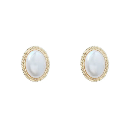 Retro Imitation Pearl Zircon Earrings Oval Square Hollow - Smarsty