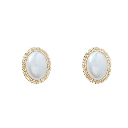 Retro Imitation Pearl Zircon Earrings Oval Square Hollow - Smarsty