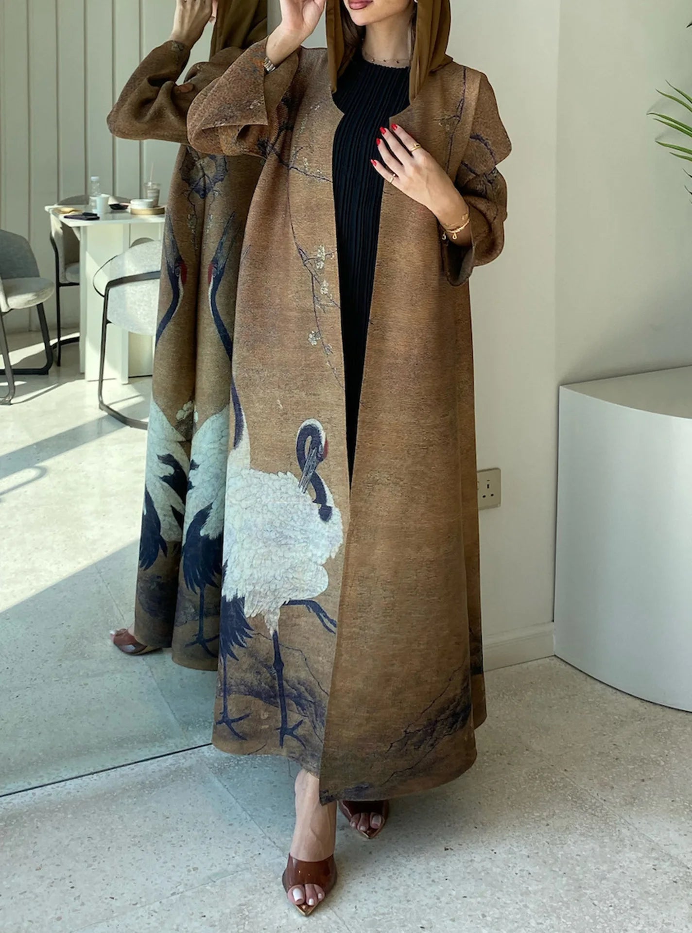 Women's Fold Miyake Pleated Abaya Long Sleeve Print Foldable Collar Robe Cardigan Coat New Winter Fashion Original Design 2024 - Smarsty