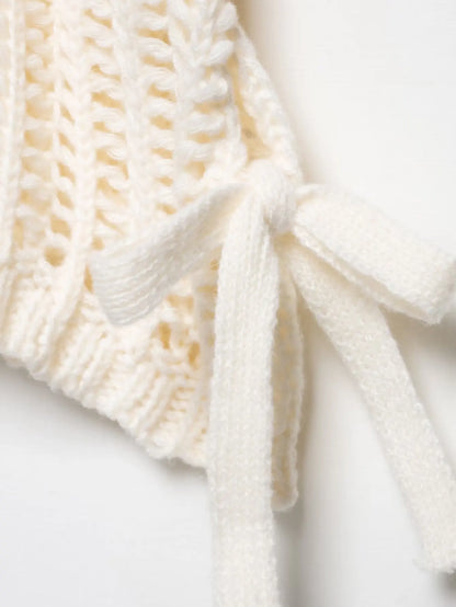 Hollow Out Knit Pullover Women Casual Round Neck Lace Up Bow Sweater Female Autumn Short Sleeves Solid Knitwears Lady - Smarsty