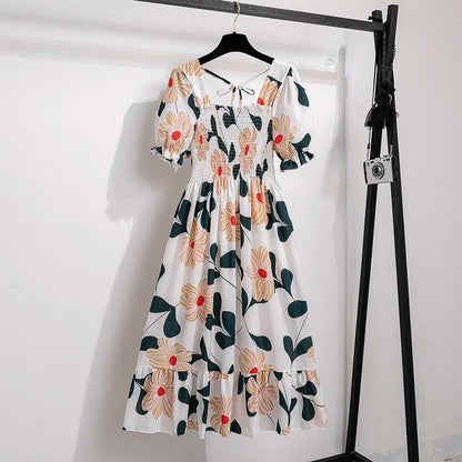 Spring Summer Chiffon Dresses Fashion Female Elastic Waist Short Sleeve Pleated Casual Dress Women A-line Dresses Vestidos - Smarsty