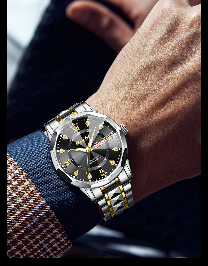 Poshi Men's Waterproof Luminous Quartz Watch with Dual Calendar - Smarsty