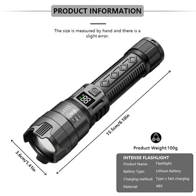 High Strong Power Led Flashlights 2000LM Tactical Torch with Display Light Rechargeable Camping Fishing Emergency Zoom Lantern - Smarsty