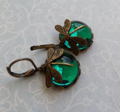 Vintage Bronze Dragonfly Drop Earrings with Moonstone Accent - Smarsty