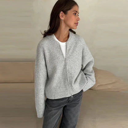 Vintage Knit Women Cardigan Casual Full Sleeve Zipper O Neck Pleated Solid Lady Sweater 2025 Autumn Fashion Female Knitwear - Smarsty