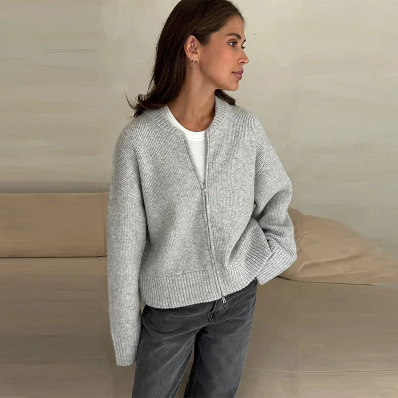 Vintage Knit Women Cardigan Casual Full Sleeve Zipper O Neck Pleated Solid Lady Sweater 2025 Autumn Fashion Female Knitwear - Smarsty