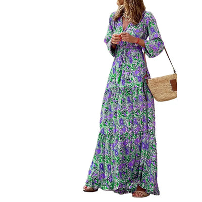 Women's Autumn New Fashionable Printed Sexy V-neck Long Sleeve High Waist Elastic Waist Medium Length Bohemian Dress - Smarsty