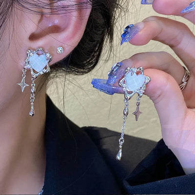 Y2K Pink Heart Star Tassel Earrings for Trendy Kpop Style - Smarsty
