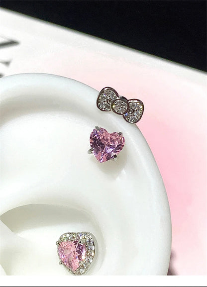 Stainless Steel Heart Bowknot Zircon Stud Earrings Cute - Smarsty