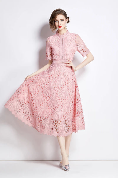 H Han Queen Spring New Elegant Casual Work Party Dresses Floral Crochet Hollow Out Lace Patchwork Casual Office Midi Dress - Smarsty