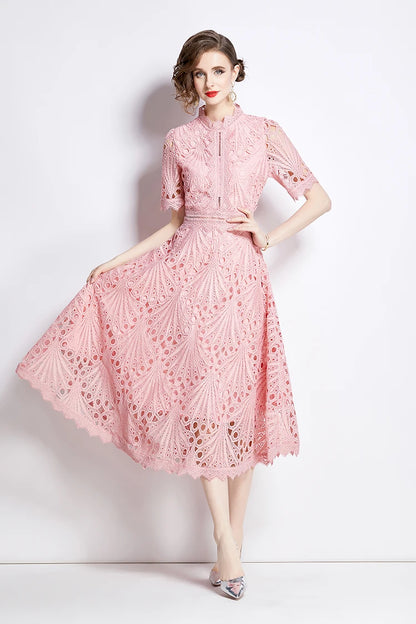 H Han Queen Spring New Elegant Casual Work Party Dresses Floral Crochet Hollow Out Lace Patchwork Casual Office Midi Dress - Smarsty