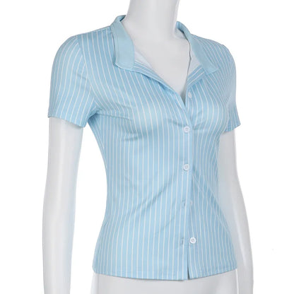 Sweetown Blue Stripe Short Sleeve Shirts For Women Button Up Turn Down Collar Slim Simple Casual Preppy Tops Basic Summer Tees - Smarsty