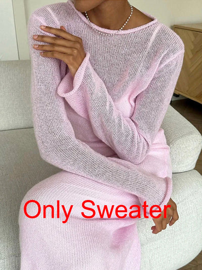 Hirsionsan Spring Autumn O-Neck Elastic Knit Long Dresses Women 2024 Elegant Chic Soft Lady Hollowing Sweater Dresses Femme New - Smarsty