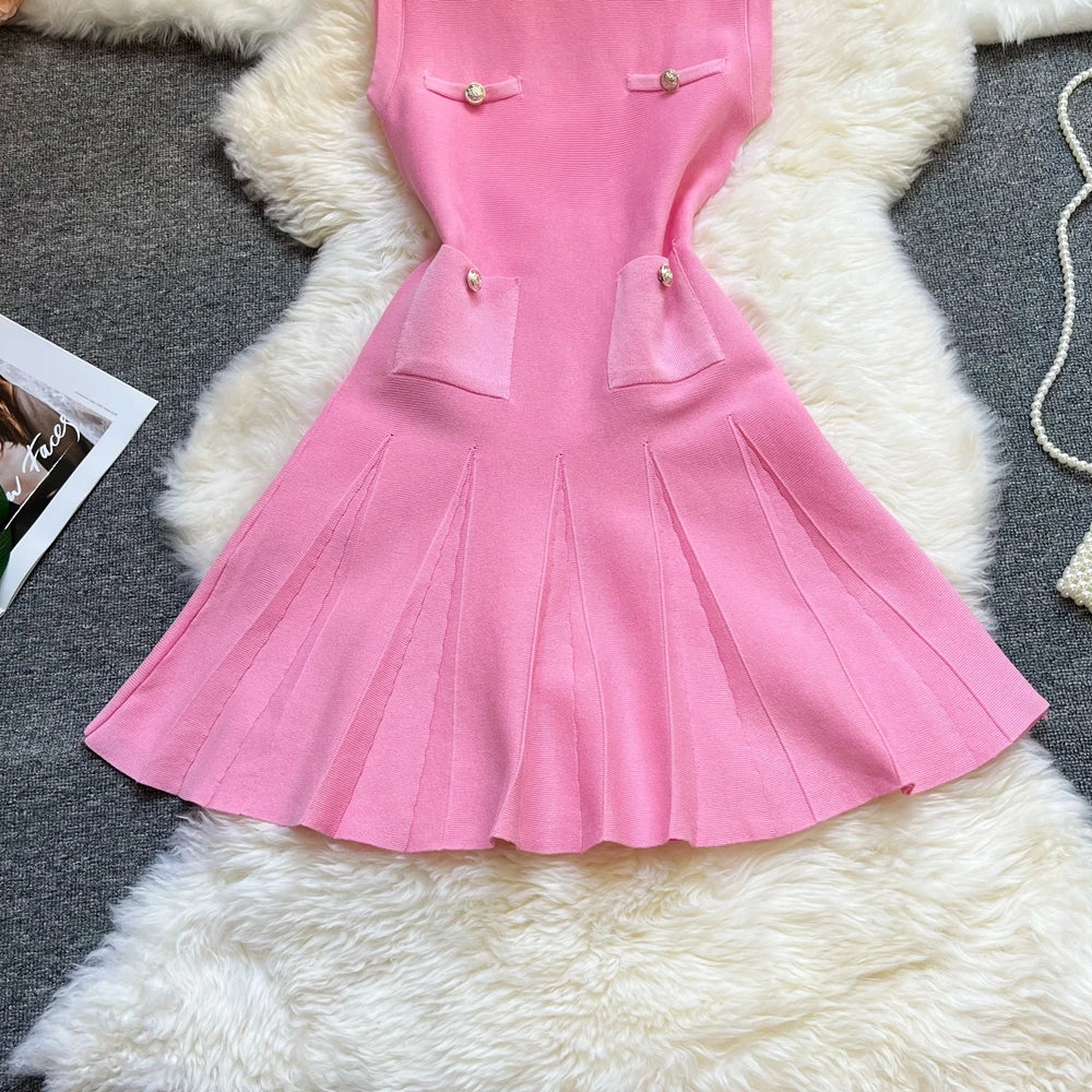 YuooMuoo Chic Fashion 2025 Summer Pleated Short Dress Women O-neck Slim Waist A-line Party Dress Streetwear Lady Outfits Vestido - Smarsty