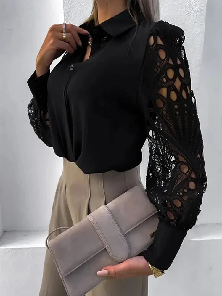 Women's Blouse White blank Elegant V-neck Lace Sleeve Cut-out Patchwork Office Commuter Black Shirt For Female - Smarsty