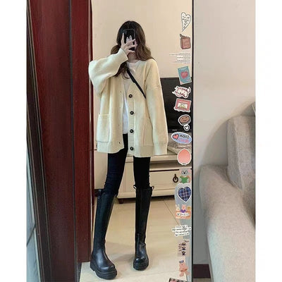 Autumn Winter Women Cardigan Sweater Coats Fashion Female Long Sleeve V-neck Loose Knitted Jackets Casual Sweater Cardigans - Smarsty