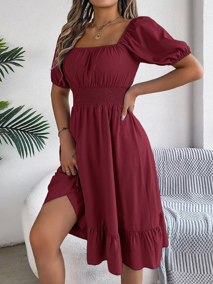 Women's MIidi Dresses 2024 Summer Casual Square Neck Short Sleeved Waist Ruffle Edge Dress Dress Women Elegant Платья Женские - Smarsty