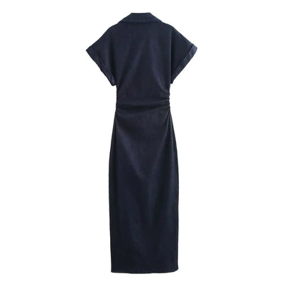 ETJ 2025  Spring New 1975 series denim MIDI dress with lapel side zipper fashion wrinkle waist slim elegant dress - Smarsty