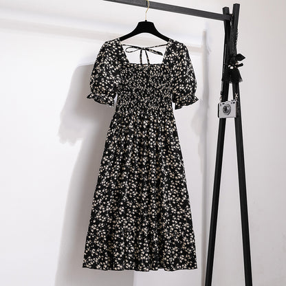 Summer Pleated Women Chiffon Dresses Casual Beach Holiday Short Sleeve Square Collar Woman Midi Dress Bohemian Mujer Vestidos - Smarsty