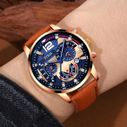 Luxury Men's Quartz Watch Set with Brown Leather Band - Smarsty