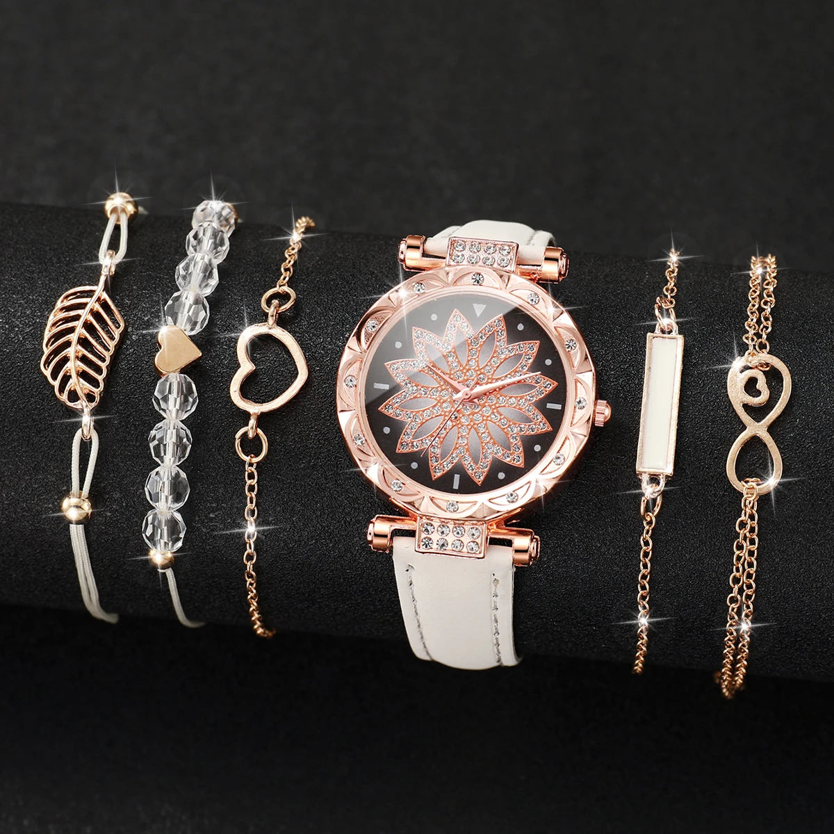 Fashion Heart Dial Women's Watch Set with Leather Band - Smarsty