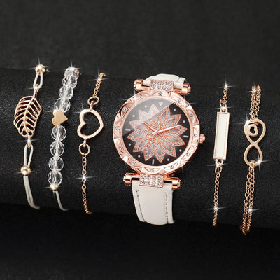 Fashion Heart Dial Women's Watch Set with Leather Band - Smarsty