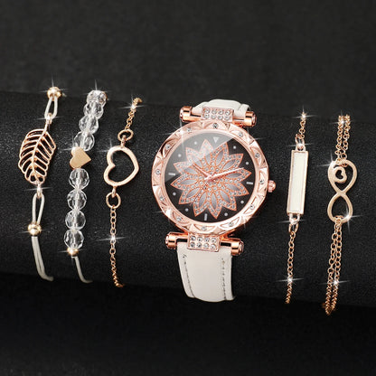 Fashion Heart Dial Women's Watch Set with Leather Band - Smarsty