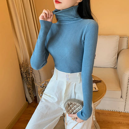 2025 Autumn Winter Women Long Sleeve Knitted Foldover Turtleneck Ribbed Pull Sweater Soft Warm Femme Jumper Pullover Clothes - Smarsty