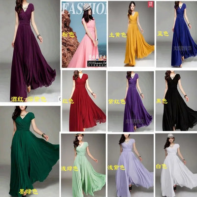 Women's Short-Sleeved Chiffon Evening Dress, Female Party Dress, Monochromatic, Bohemian, Long, Elegant, New, 2022 - Smarsty