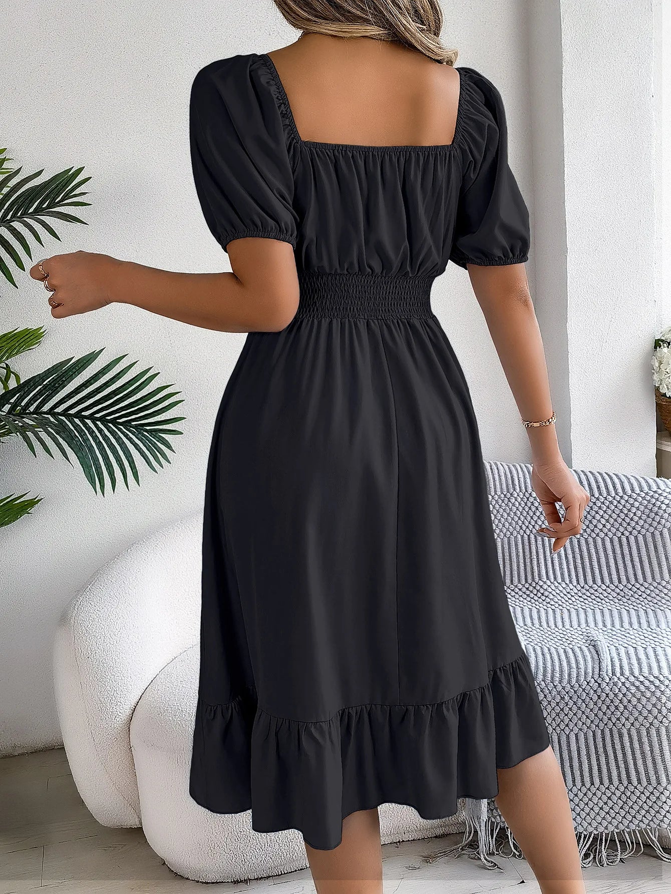 Women's MIidi Dresses 2024 Summer Casual Square Neck Short Sleeved Waist Ruffle Edge Dress Dress Women Elegant Платья Женские - Smarsty