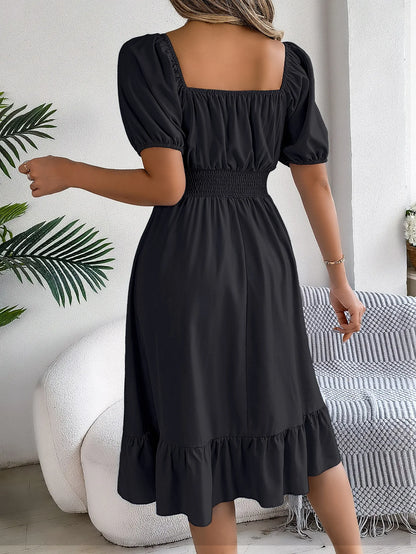 Women's MIidi Dresses 2024 Summer Casual Square Neck Short Sleeved Waist Ruffle Edge Dress Dress Women Elegant Платья Женские - Smarsty