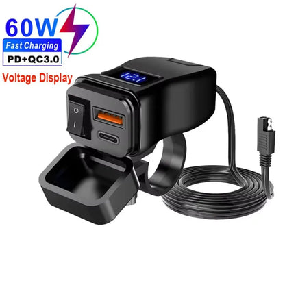 PD QC3.0 Motorcycle USB Fast Charger 60W Handlebar Dual USB Socket with Switch Voltmeter Waterproof 12V Power Supply Adapter - Smarsty