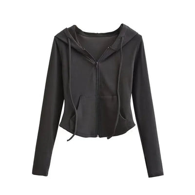 Lucyever Cropped Hooded Zip-Up Jacket Women Autumn New Slim Long Sleeve Y2K Sweatshirts Female Solid Streetwear Sports Hoodies - Smarsty