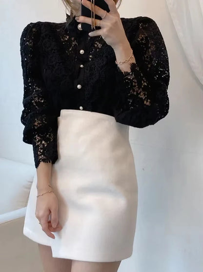 2025 French Style Spring Women Blouse Office Lady Flower Blouse Hollow Out Lace Stand Collar Button Shirt Female Clothing 12419 - Smarsty