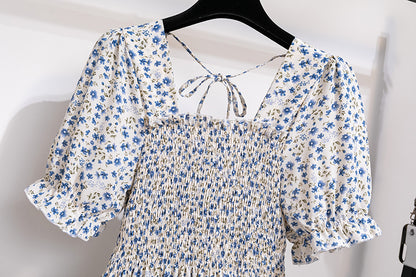 Summer Pleated Women Chiffon Dresses Casual Beach Holiday Short Sleeve Square Collar Woman Midi Dress Bohemian Mujer Vestidos - Smarsty