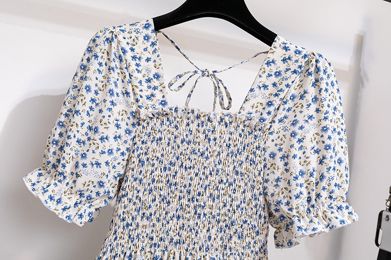 Summer Pleated Women Chiffon Dresses Casual Beach Holiday Short Sleeve Square Collar Woman Midi Dress Bohemian Mujer Vestidos - Smarsty