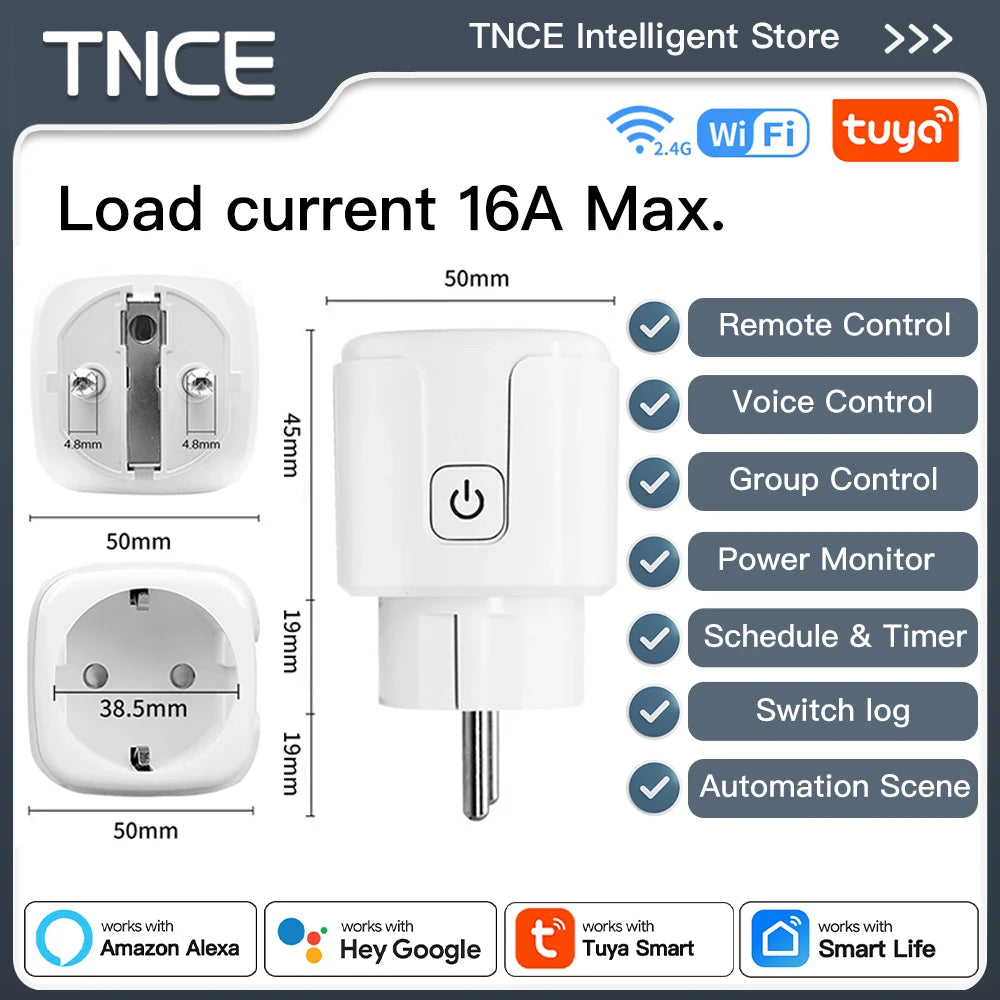 TNCE TUYA Smart Plug WiFi or Zigbee3.0 Socket EU 16A/20A Power Monitor Timing Function Voice Control Work With Alexa Google Home - Smarsty