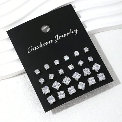 12 Pairs Zirconia Stud Earrings Gift Set Luxurious Shiny - Smarsty