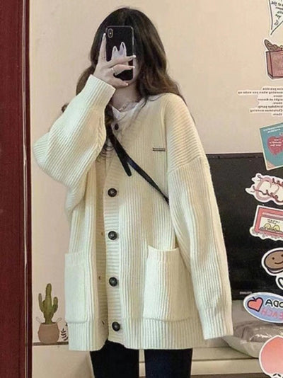 Autumn Winter Women Cardigan Sweater Coats Fashion Female Long Sleeve V-neck Loose Knitted Jackets Casual Sweater Cardigans - Smarsty