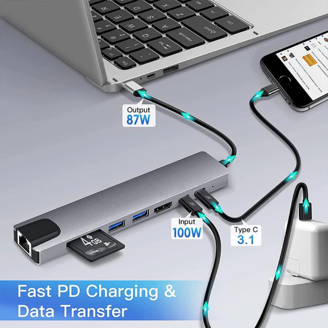 USB C Hub 4K HDMI Adapter FastCharge With RJ45 CardReader