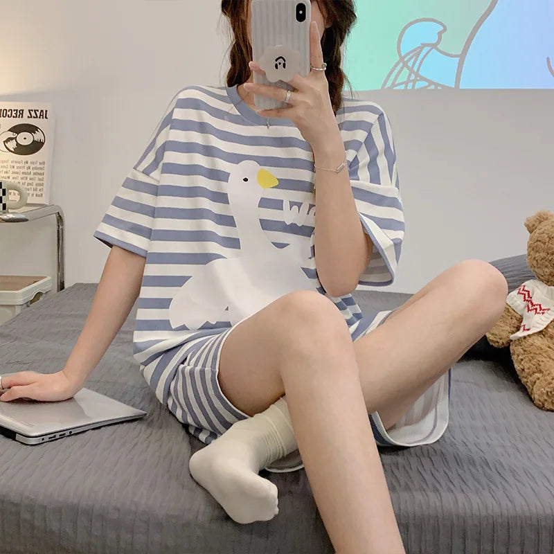 New Pajamas Female Summer Large Size Short-Sleeved Homewear Suit Korean Version of the Student Sweet and Lovely Ladies Homewear - Smarsty