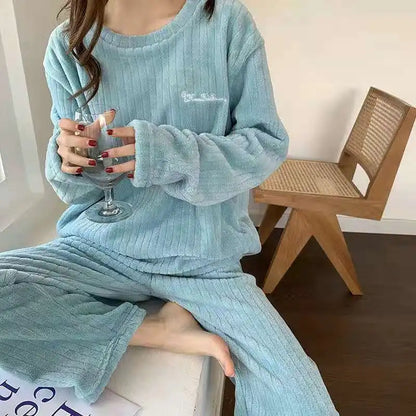Autumn Women Solid Warm 2 Piece Sets Thicken Velvet Ribbed Fleece Set Pullover And Pants Women Casual Pajama Sets 2024 - Smarsty
