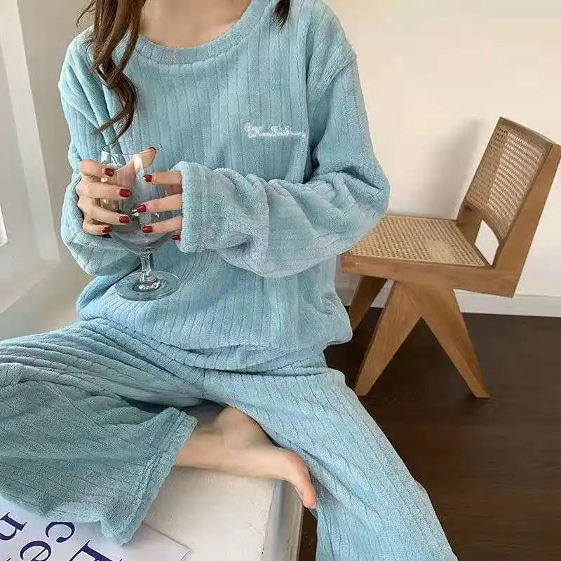 Autumn Women Solid Warm 2 Piece Sets Thicken Velvet Ribbed Fleece Set Pullover And Pants Women Casual Pajama Sets 2024 - Smarsty
