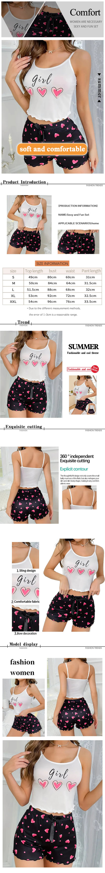 Women's Pink Heart Print Milk Pajama Two-Piece Summer Casual Homewear Camisole and Shorts Pajama Set - Smarsty