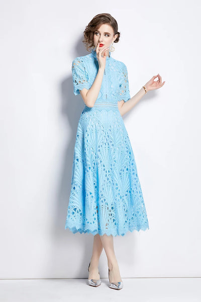 H Han Queen Spring New Elegant Casual Work Party Dresses Floral Crochet Hollow Out Lace Patchwork Casual Office Midi Dress - Smarsty