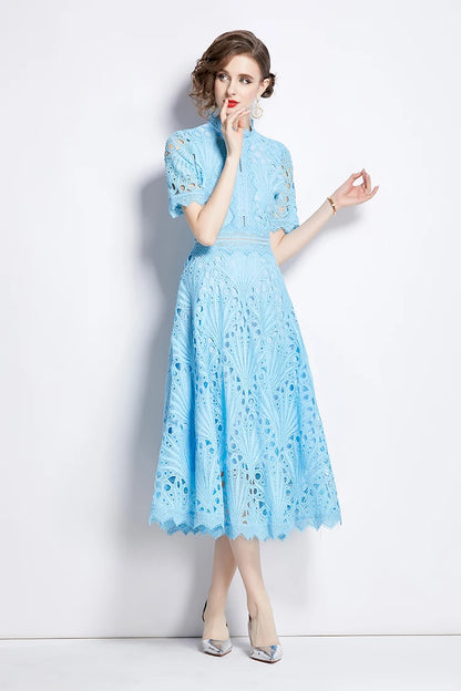 H Han Queen Spring New Elegant Casual Work Party Dresses Floral Crochet Hollow Out Lace Patchwork Casual Office Midi Dress - Smarsty