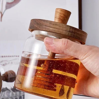 Honey Jar High Borosilicate Glass Sealed Tank Mixing Rod with Wooden Cover Transparent Honey Bottle Kitchen Storage Containers by Smarsty