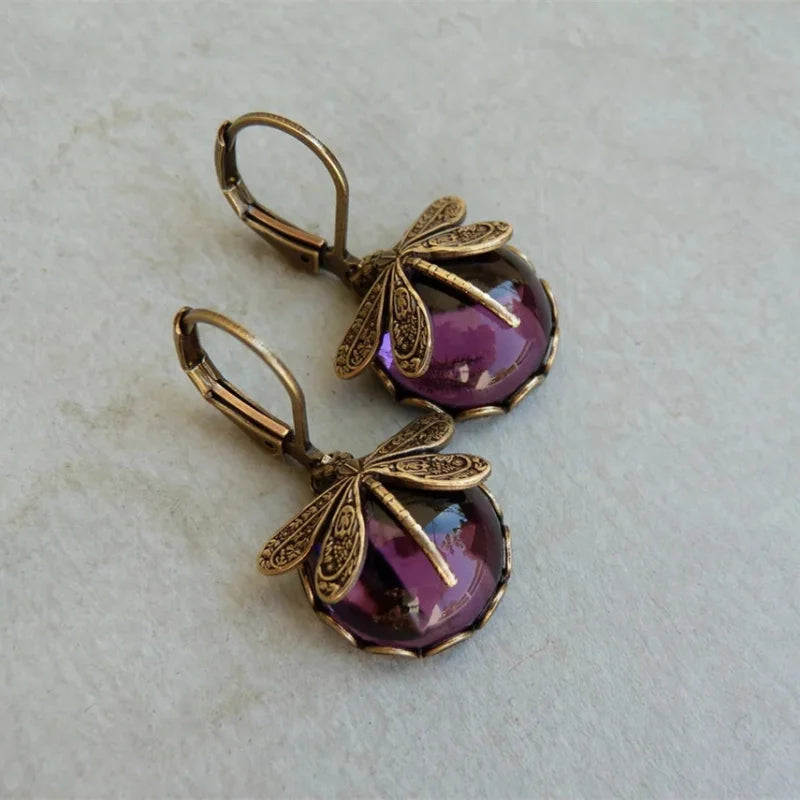 Vintage Dragonfly Drop Earrings with Moonstone Inlaid Design - Smarsty