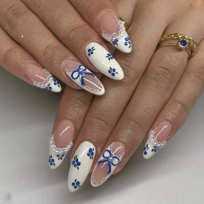 Colorful Press On Almond Nails Set with Pearl Flowers - Smarsty